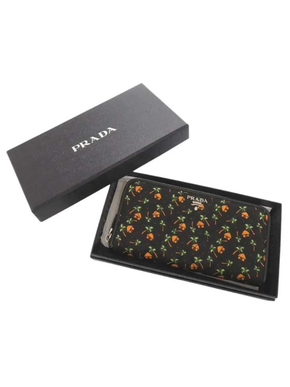 Prada Palm Tree House Nylon Saffiano Leather Black Multicolor Zip Around Wallet